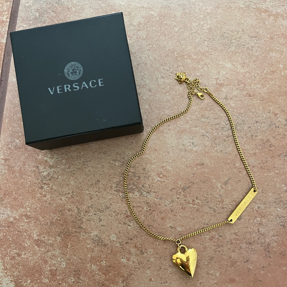 VERSACE Gold Tone Tribute Heart Pendant Curb Link Necklace (gently-worn)